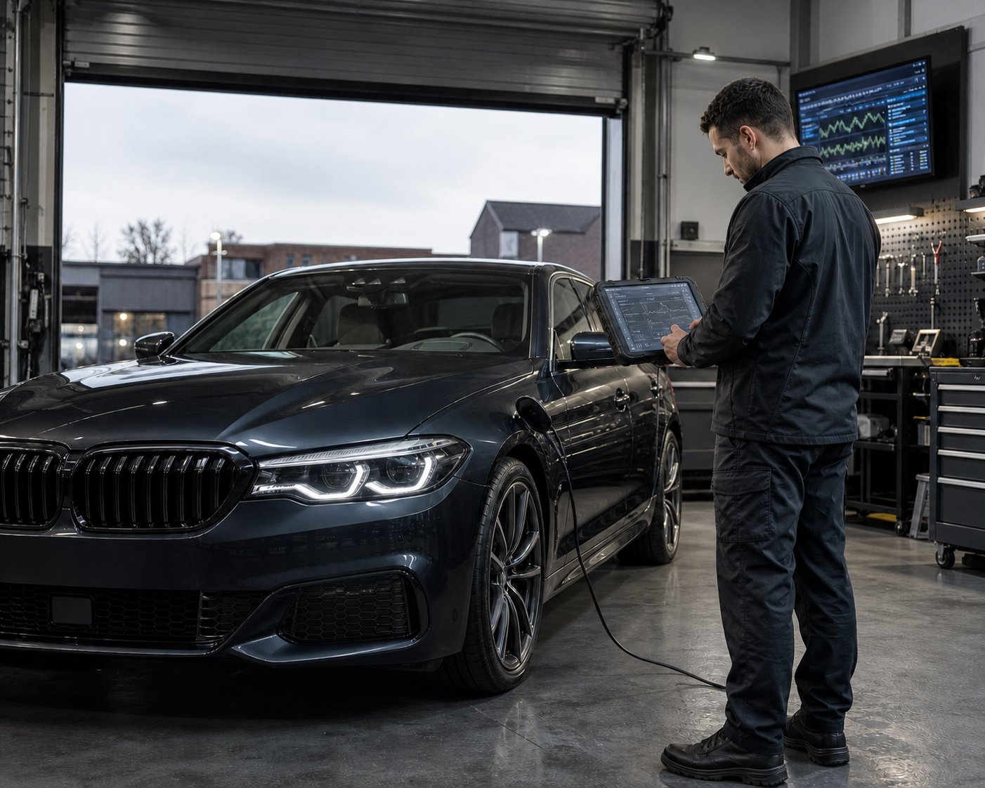 Technician using advanced diagnostic technology on a European vehicle